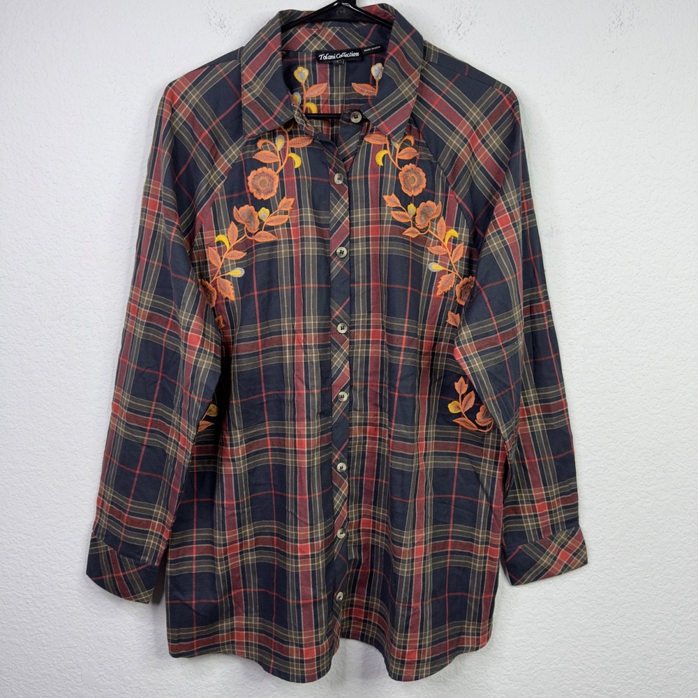 Tolani Collection Shirt Womens L Brown Plaid Floral‎ Embroidered Boho Western